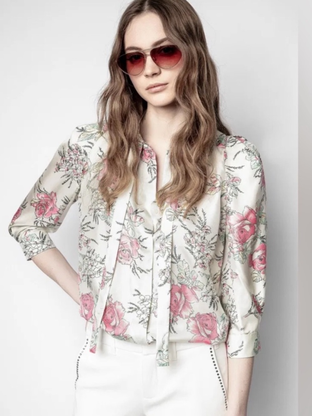 Zadig & Voltaire touch twill roses 3/4 sleeve silk top XS off white pink